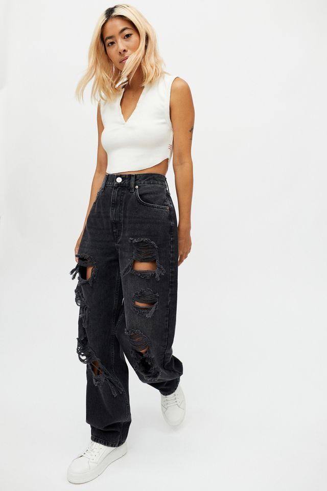 BDG Petite High-Waisted Baggy Jean – Destroyed Black Denim | Urban Outfitters (US and RoW)