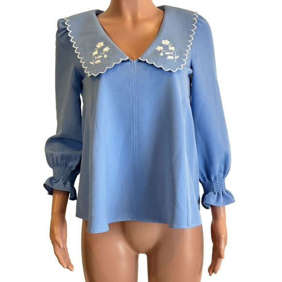 Tuckernuck Easton Blouse Womens XS Swing Top Cornflower Blue Embroidered Prairie | Poshmark