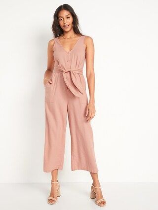 Sleeveless Cropped Linen-Blend Belted Jumpsuit for Women | Old Navy (US)