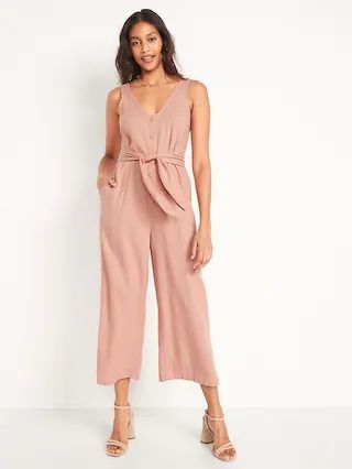 Sleeveless Cropped Linen-Blend Belted Jumpsuit for Women | Old Navy (US)