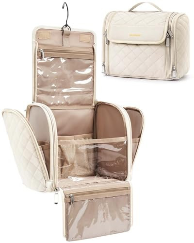 BAGSMART Toiletry Bag Travel Makeup Bag with Hanging Hook, Cosmetic Bag Make Organizer Case, Large Capacity Water-resistant Organizer for Toiletries Accessories Brushes Sponge, Beige | Amazon (US)