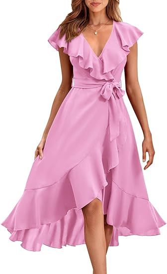 PRETTYGARDEN Womens Summer Wrap V Neck Split Party Dress Ruffle Short Sleeve Midi Dress With Belt | Amazon (US)