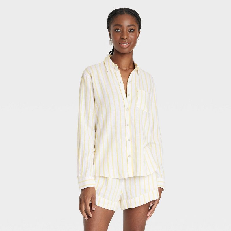 Women's Long Sleeve Relaxed Fit Collared Button-Down Shirt - Universal Thread™ Yellow Striped S | Target