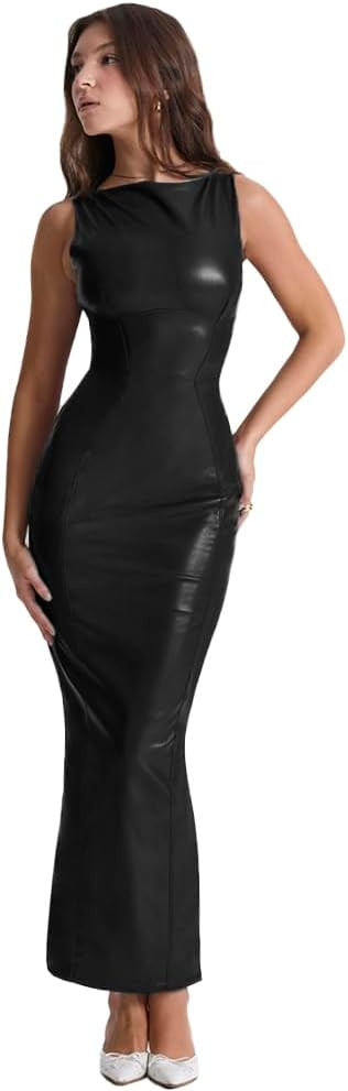 XLLAIS Women's Faux PU Leather Bodycon Maxi Dress Sexy Boatneck Tank Long Dresses | Amazon (US)
