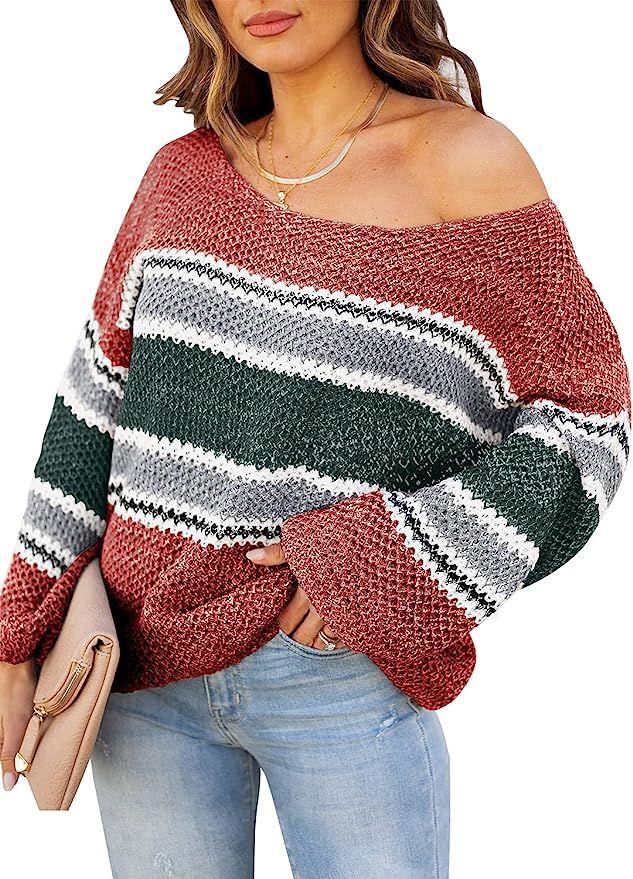 MIHOLL Women's Long Sleeve Striped Color Block Knit Sweater Pullover Jumper Tops | Amazon (US)
