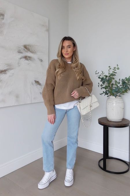 Spring outfit ideas from very - blue straight leg jeans, white platform converse, oversized white r shirt and camel brown rib knit jumper  

#LTKshoecrush #LTKstyletip #LTKeurope