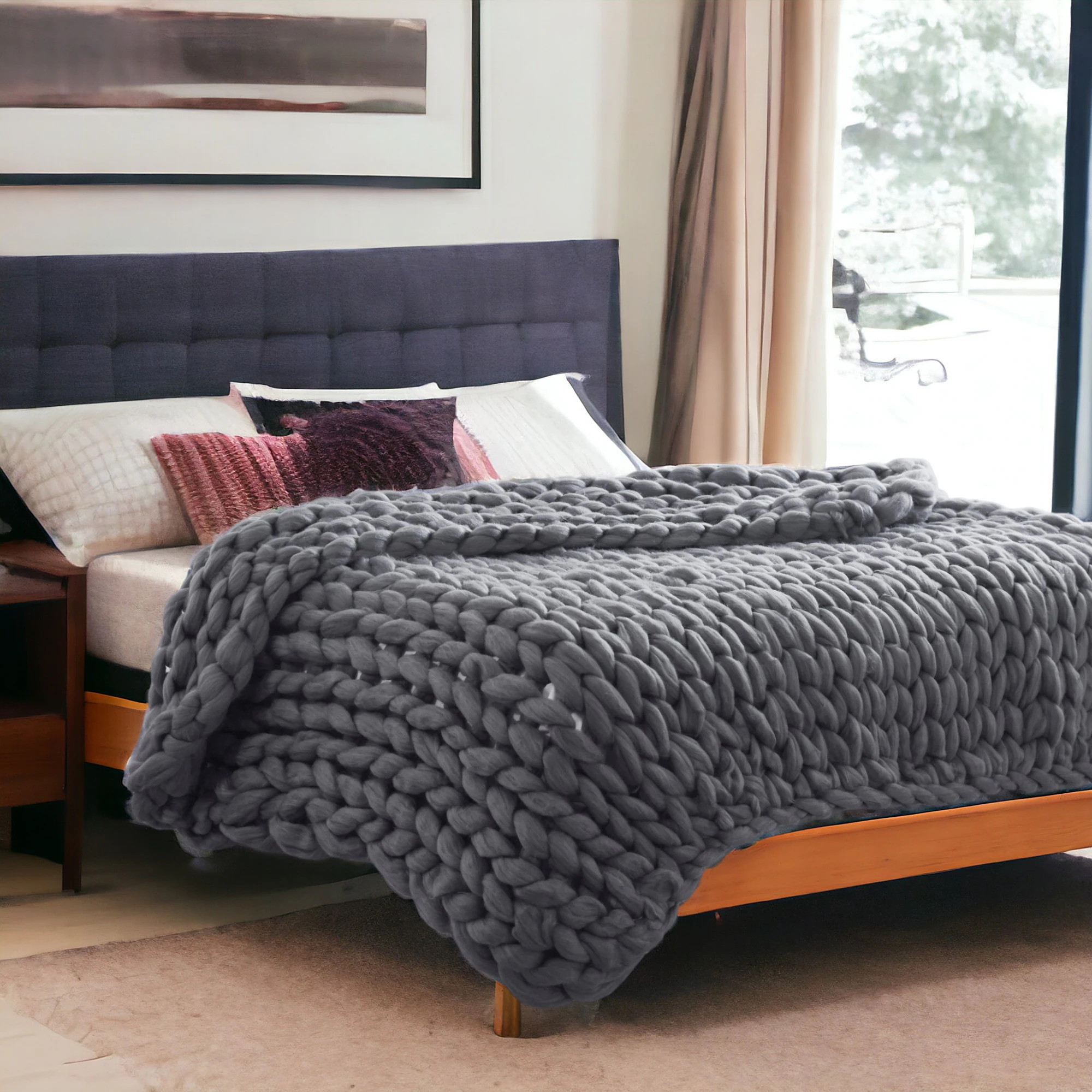 HomeRoots Dark Grey Boho Chunky Knit Throw Blanket | Bed Bath & Beyond