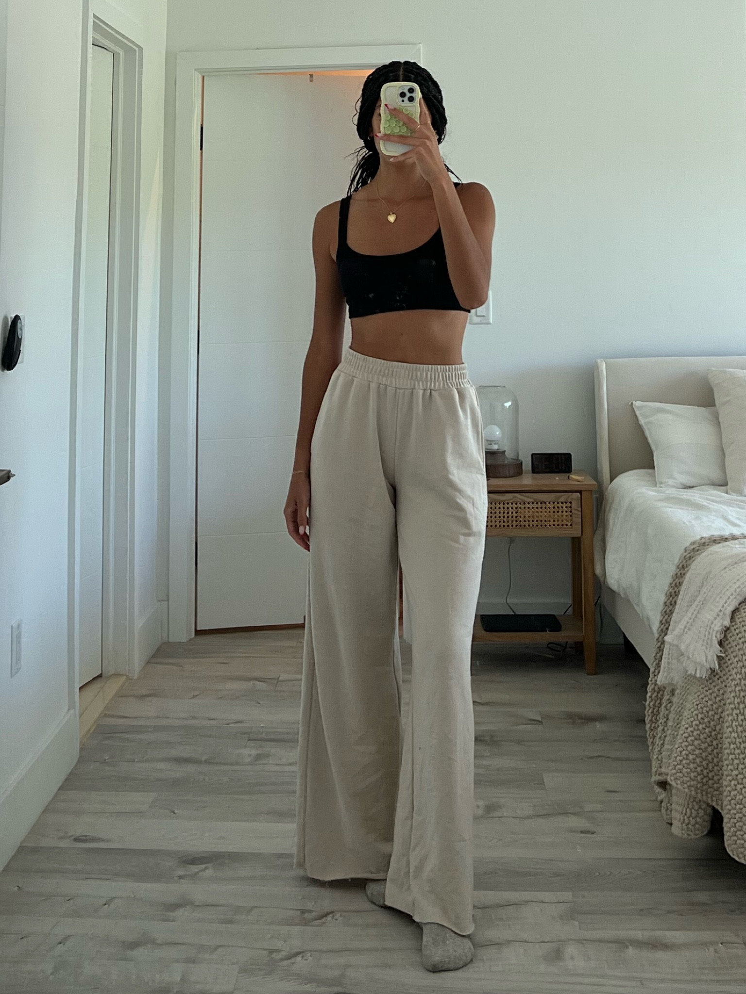 long beige sweatpants for tall girls + black thick crop tank @greybandit code: KYRA15

wearing small top + medium pants 