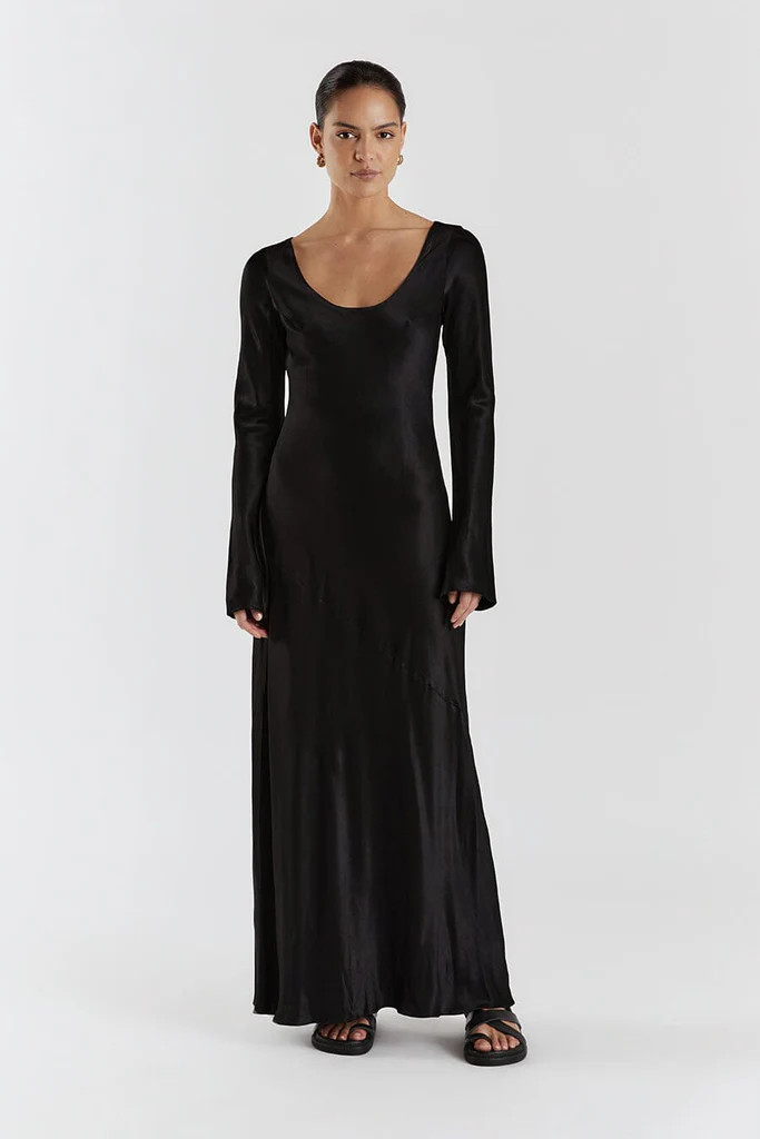 LEA BLACK SLEEVED SATIN MAXI DRESS | DISSH