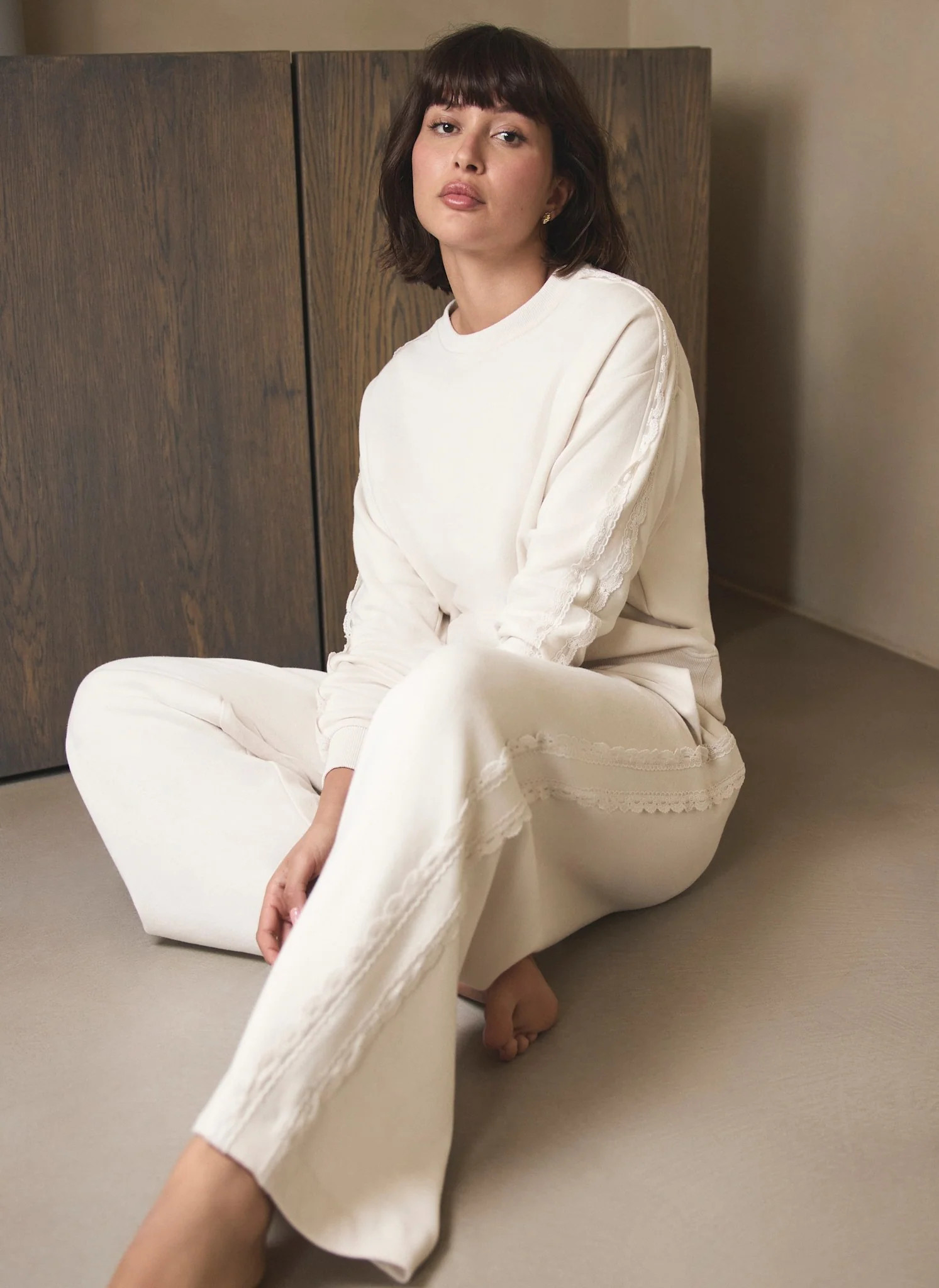 Cream Cotton Blend Lace Trim Sweatshirt | Mint Velvet