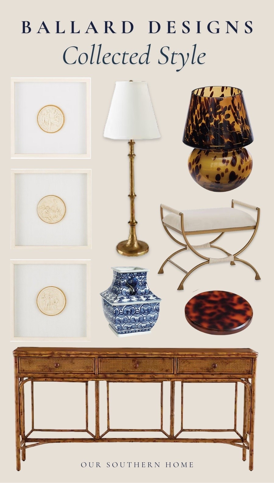 Collected style is all about mixing pieces you love rather than having everything perfectly match. 🤎 I’m pulling together this classic Ballard Designs look with warm woven texture, brass, tortoise, blue and white, and quiet intaglio art. I especially love the stools tucked beneath the console for extra seating when family and friends are over. Timeless, traditional, and collected—exactly how I want our home to feel. Shop the pieces from my mood board here! 
#myballardstyle 
#BallardDesigns #CollectedHome #TraditionalHome #ClassicInteriors

#LTKHome #LTKSaleAlert #LTKSeasonal
