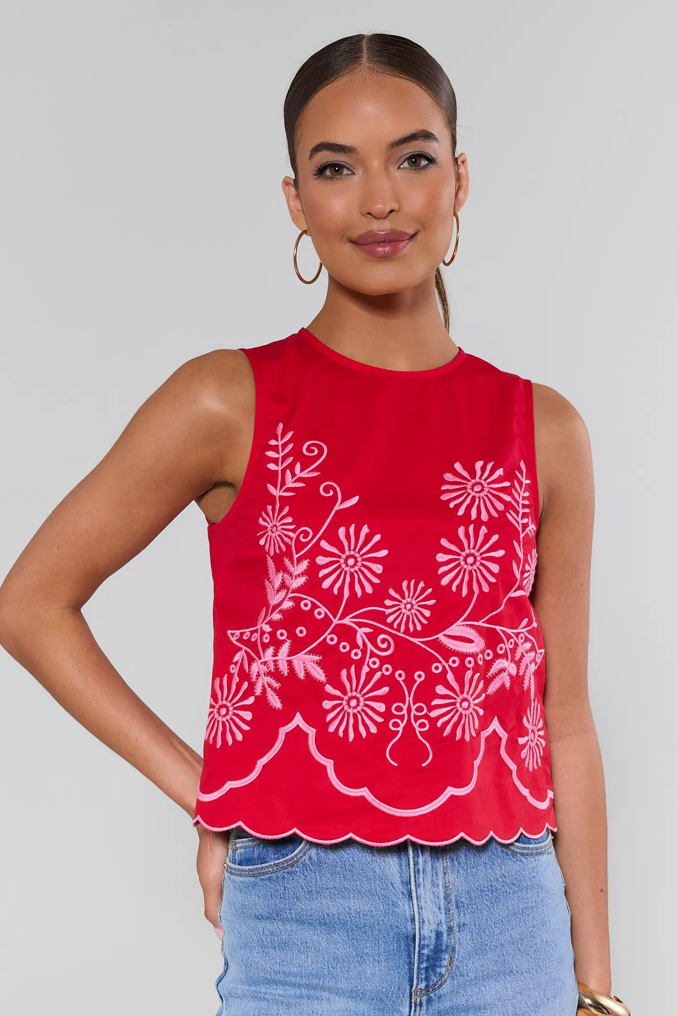 Maisy Red Embroidered Tank Top | Avara