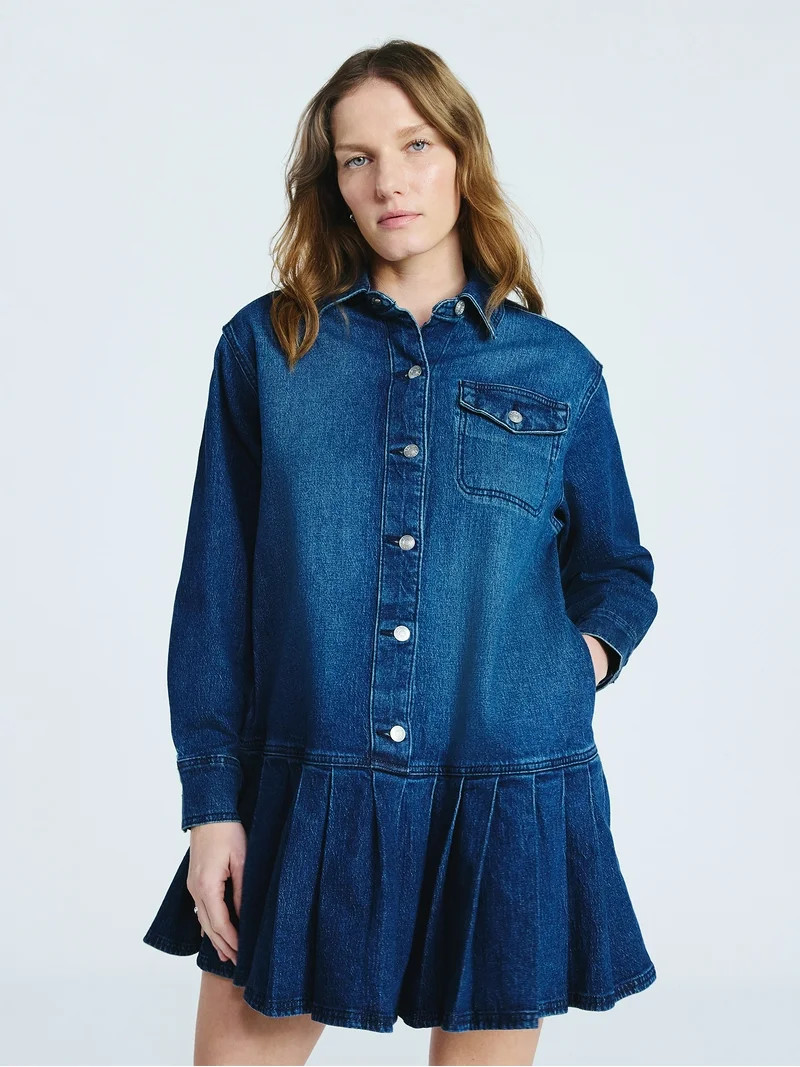 Scoop Women's and Women’s Plus Denim Pleated Mini Shirt Dress, Sizes XS-4X | Walmart (US)