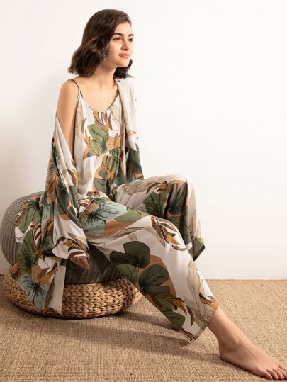 Leaf Print Cami PJ Set With Robe | SHEIN