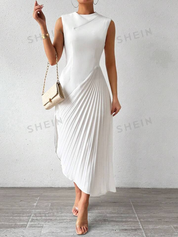 SHEIN Privé Solid Color Asymmetric Hem Pleated Patchwork Dress | SHEIN