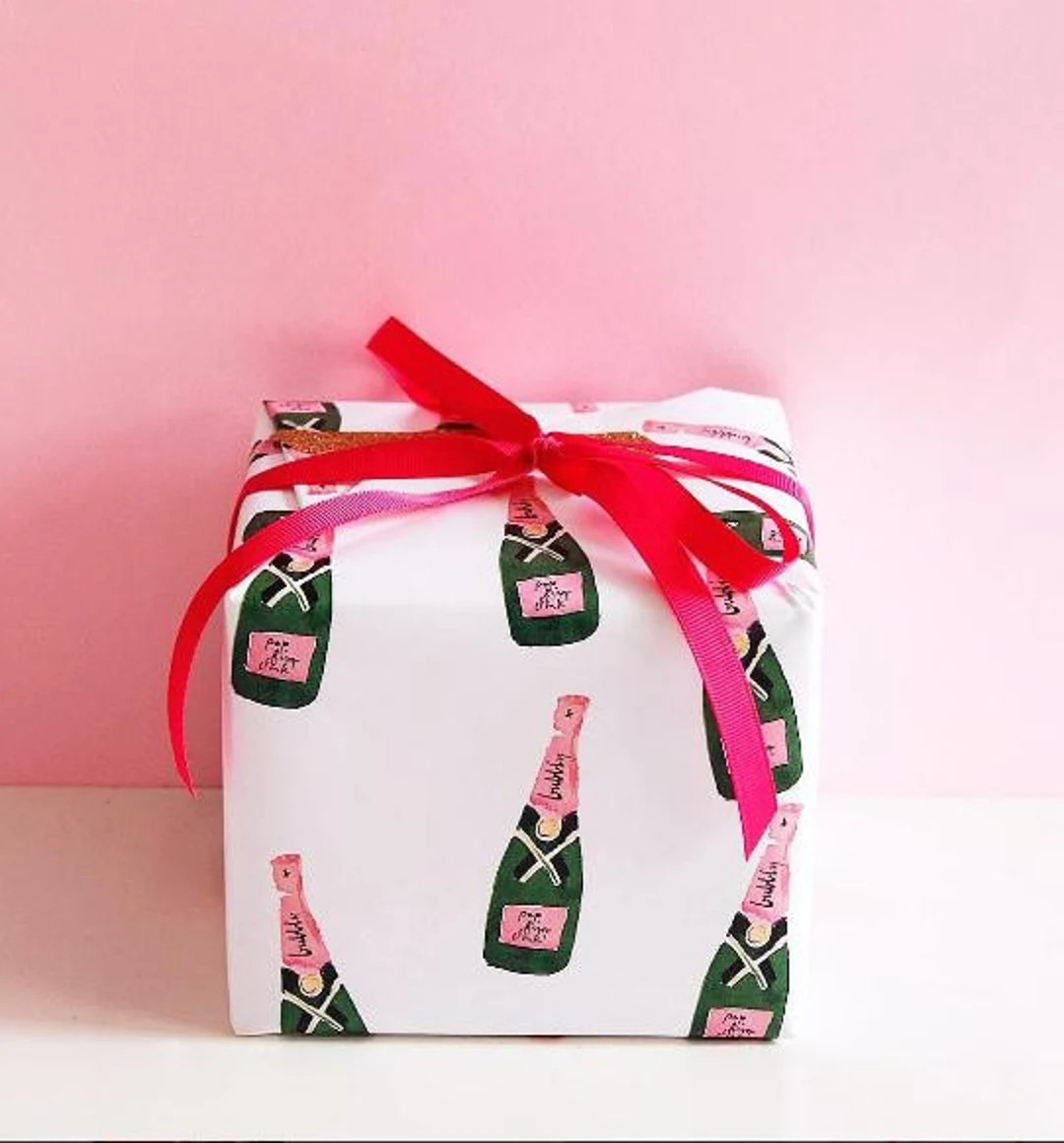 Cute Wrapping Paper: Bubbly Champagne Gift Wrap (pink and green wrapping paper) {Christmas, Holid... | Etsy (US)