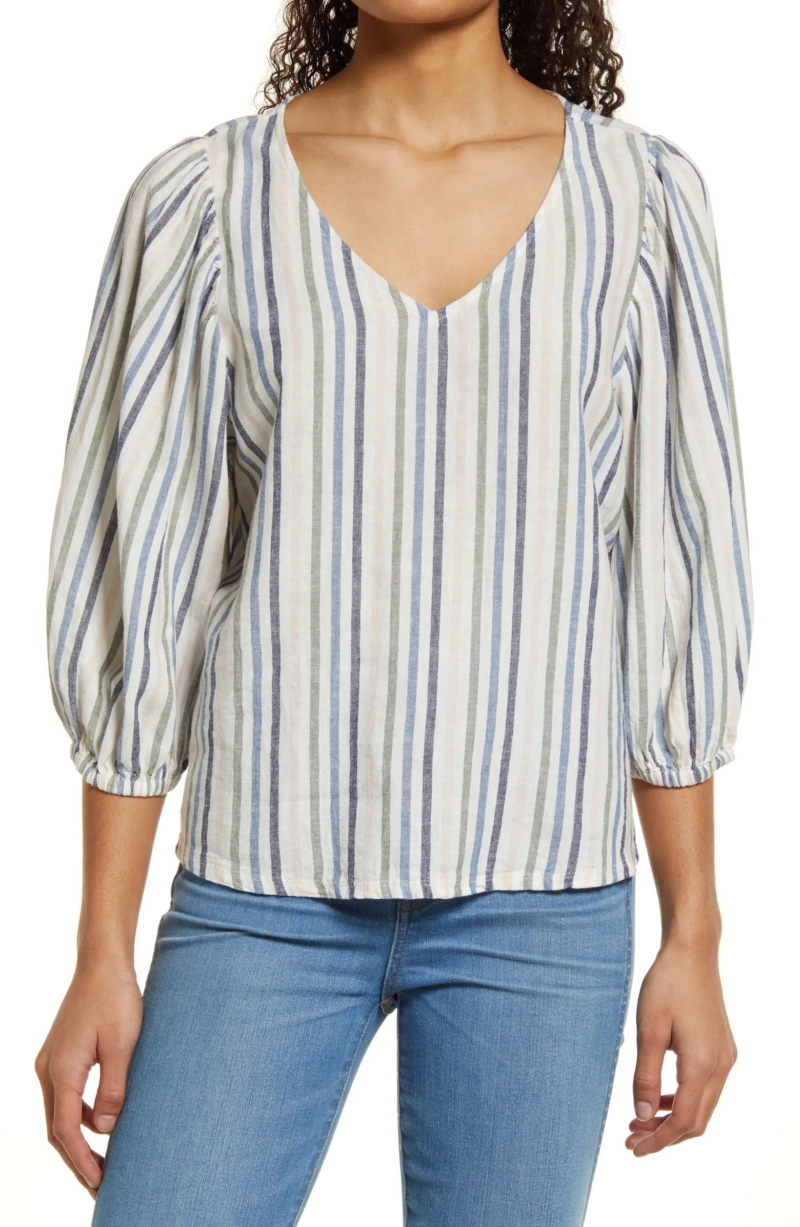 Caslon® Baloon Sleeve Linen Blend V-Neck Top | Nordstrom | Nordstrom