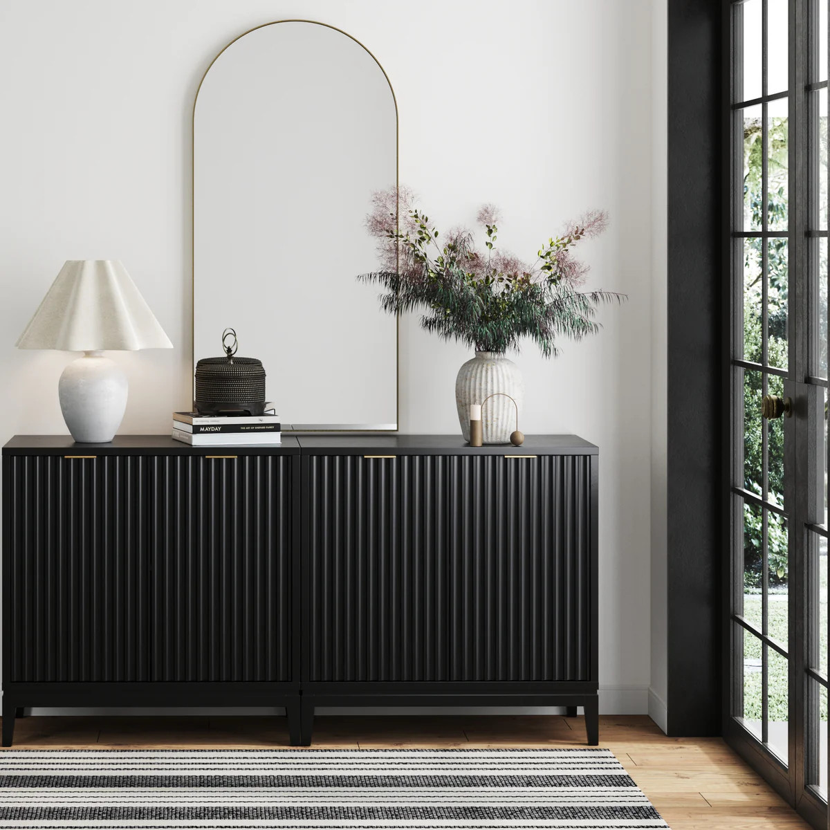 Mid-Century Fluted Storage Cabinet Credenza Black Oak (Set of 2) | Nathan James