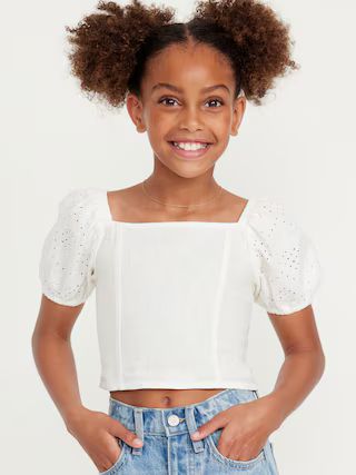 Short Puff-Sleeve Eyelet Linen-Blend Top for Girls | Old Navy (US)