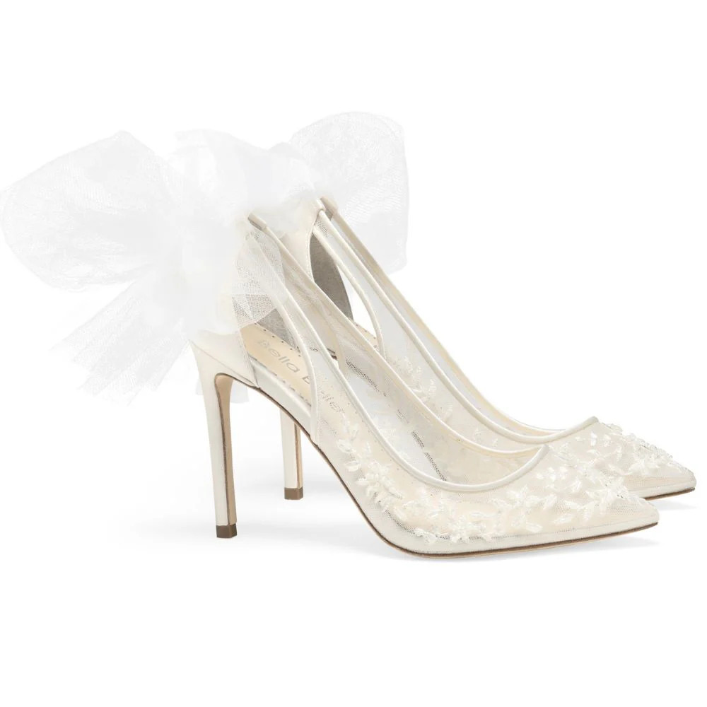 Beaded Illusion Mesh Lace High Heels with Removable Bow | Bella Belle Shoes