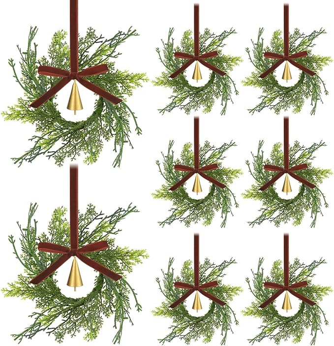 12 Sets Mini Christmas Wreath for Cabinets 7.87 Inch Artificial Cypress Cedar Wreath with Vintage... | Amazon (US)