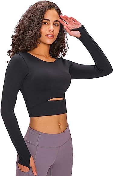 Workout Yoga Tops for Women, Removable Crop Top Padded Compression Long Sleeve Fitness Athletic Yoga | Amazon (US)