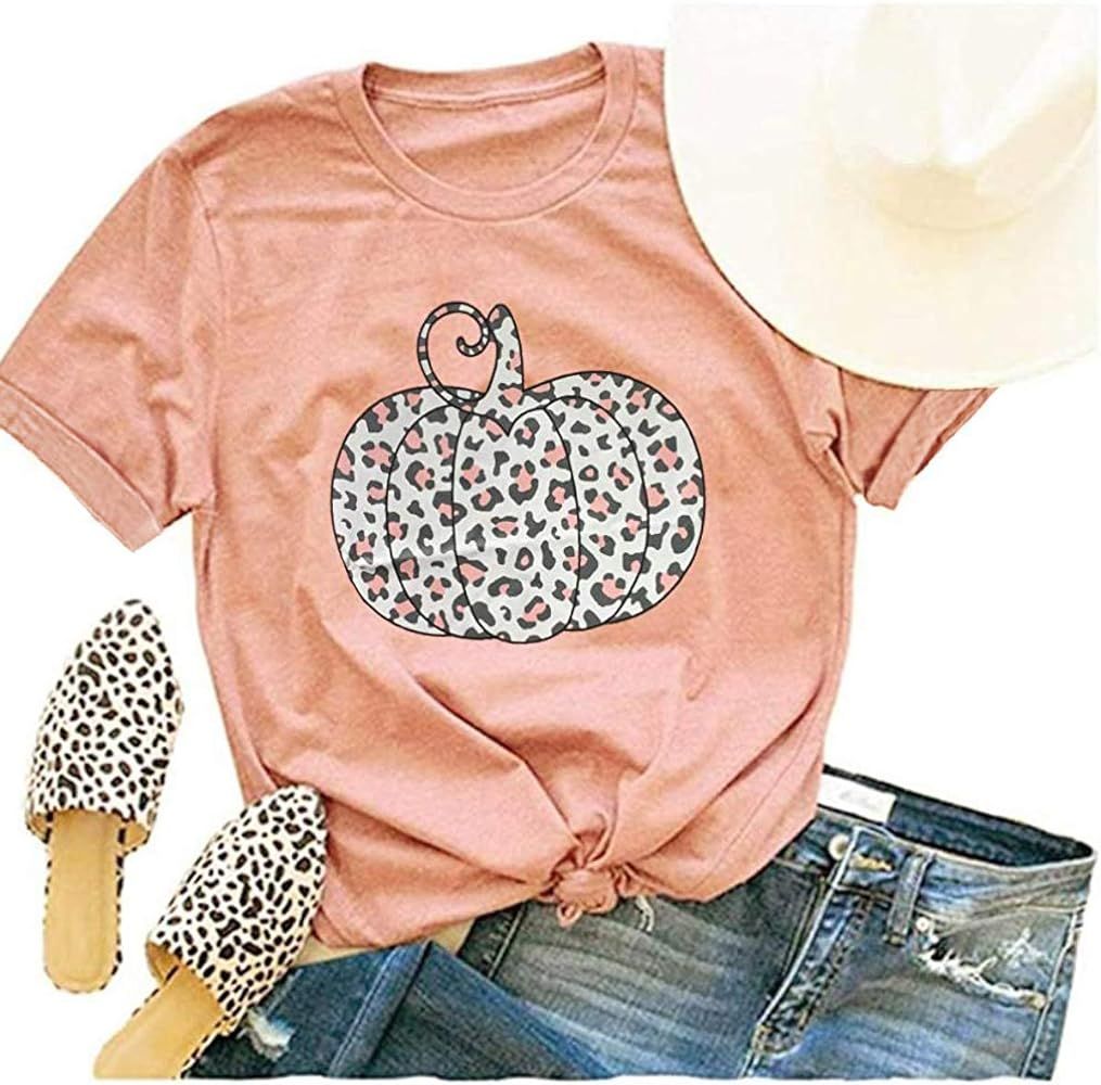 Amazon.com: Woffccrd Womens Funny Leopard Pumpkin Printed Shirts Halloween Short Sleeve Graphic T... | Amazon (US)