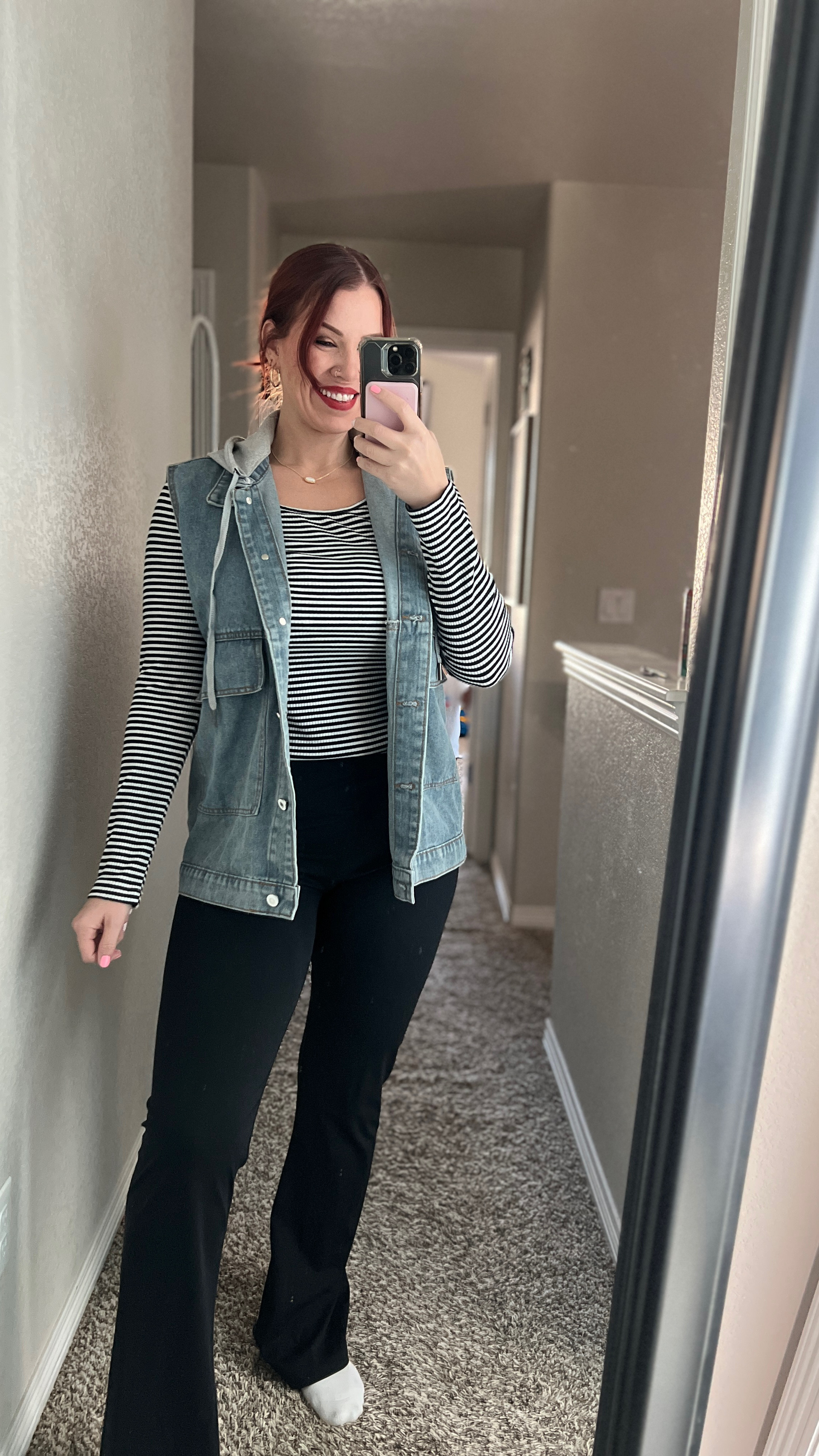 Errands/appointments fit for the day! LOVE this jean vest so much! So easy to layer and love that the hood is removable! 🙌🏻 these are also some of my fave flare leggings! I have at least 4 pairs now 🤭

#LTKMidsize #LTKSaleAlert #LTKFindsUnder50