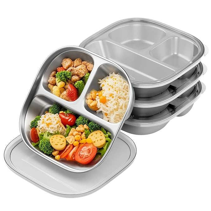 Stainless Steel Kids Plates,Set of 4 Toddler Plates with Lids - 3 Compartments Stainless Steel Sn... | Amazon (US)