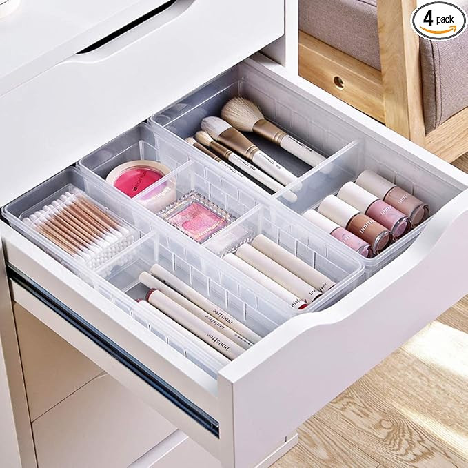 MineSign 4 Pcs Desk Drawer Organizer Plastic Makeup Drawer Dividers Cosmetic Flatware Organizer f... | Amazon (US)
