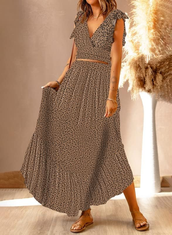 Dokotoo Women's Boho Dress Deep V Neck 2 Piece Skirt Sets Ruffle Cap Sleeve Tie Waist Wrap Chiffo... | Amazon (US)