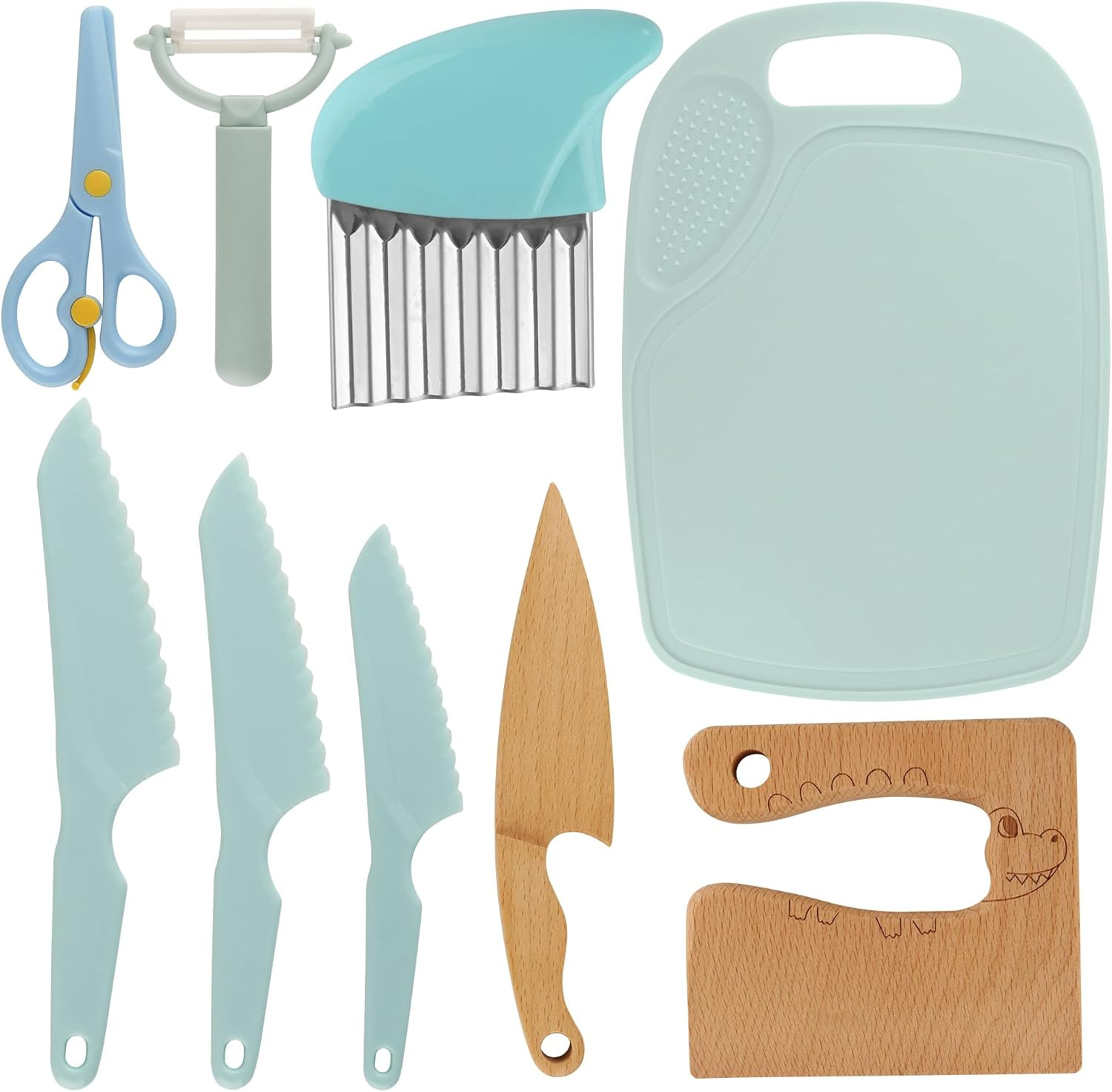 Sunmei 9 Pieces Wooden Kids Kitchen Knife Set,Plastic Kids Knife Safe For Cutting Veggies Fruits,... | Amazon (US)