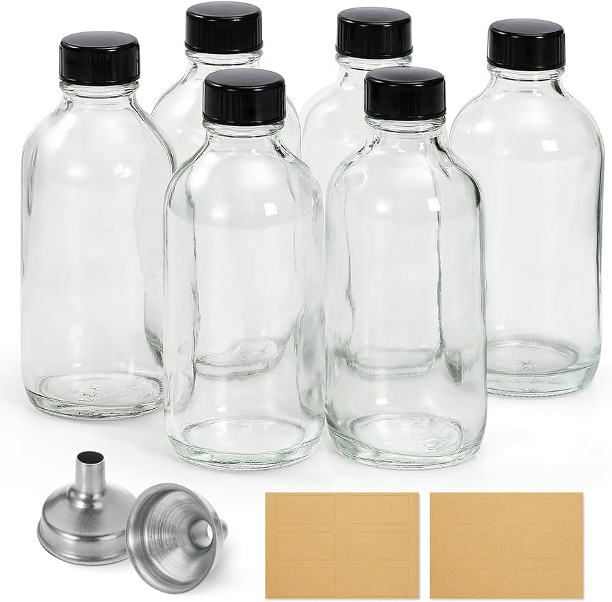 6 Pack, 4 oz Small Clear Glass Bottles with Lids & 2 Stainless Steel Funnels - 120ml Boston Sampl... | Amazon (US)
