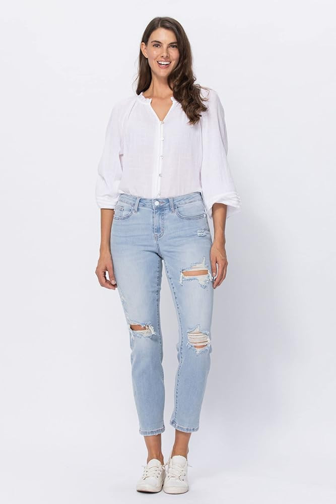 Judy Blue Super Light Destroyed Boyfriend Relaxed Denim Jeans | Amazon (US)