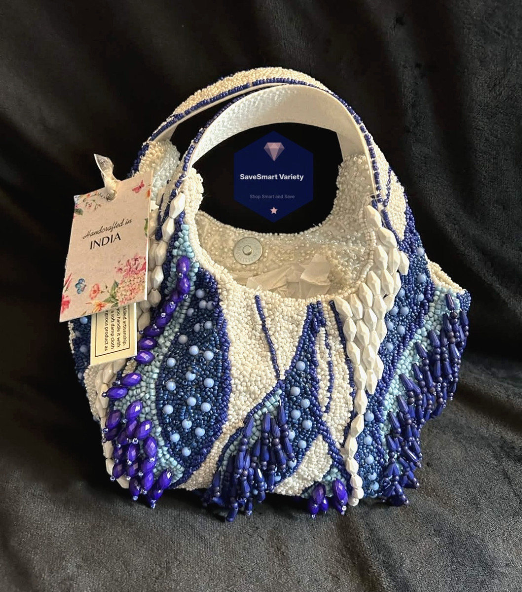 New Release Handcrafted in India Blue Navy White Fringe Beaded Bag Viral TikTok | eBay | eBay US