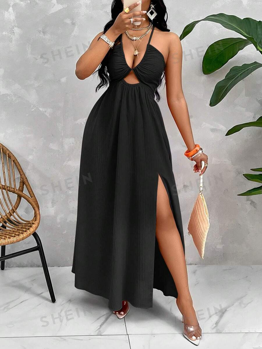 SHEIN Slayr Crisscross Tie Backless Halter Swing Dress | SHEIN
