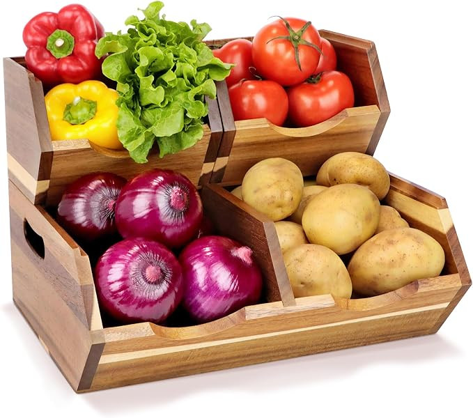 Acacia Wood Pantry Storage Bins, Stackable Potato and Onion Storage Bins for Kitchen Countertop, ... | Amazon (US)