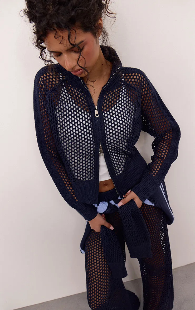 Navy Crochet Knit Stripe Detail Track Cardigan | PrettyLittleThing US