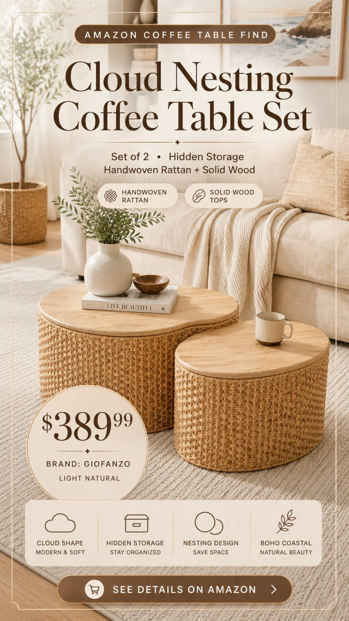 Cloud Nesting Coffee Table Set of 2 with Storage - Handwoven Wicker Rattan Ottoman Style, Boho Coastal Coffee Tables for Living Room, Rattan Coffee Table with Cover & Soild Wood Frame
Visit the Giofanzo Store 

 #LTKSeasonal #LTKHome #LTKSaleAlert