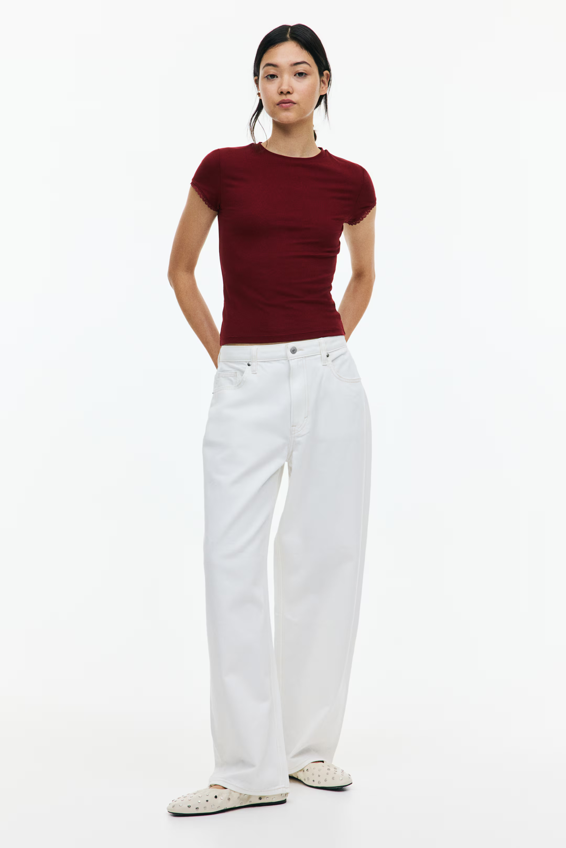 Lace-trimmed ribbed T-shirt | H&M (UK, MY, IN, SG, PH, TW, HK)