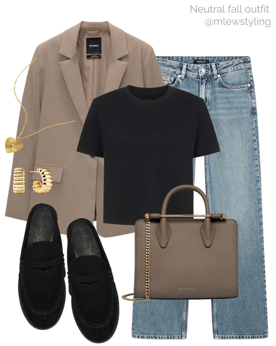 Neutral everyday fall outfit 🤎

Tags: taupe blazer, black t-shirt, massimo dutti straight leg jeans, black suede mules, schutz loafers, strathberry taupe handbag, casual workwear,
Autumn office outfit 

#LTKShoeCrush #LTKWorkwear #LTKItBag