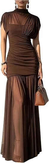 BEAUDRM Women's Elegant Wedding Guest Dress Mesh Cape Sleeeve Maxi Dresses | Amazon (US)
