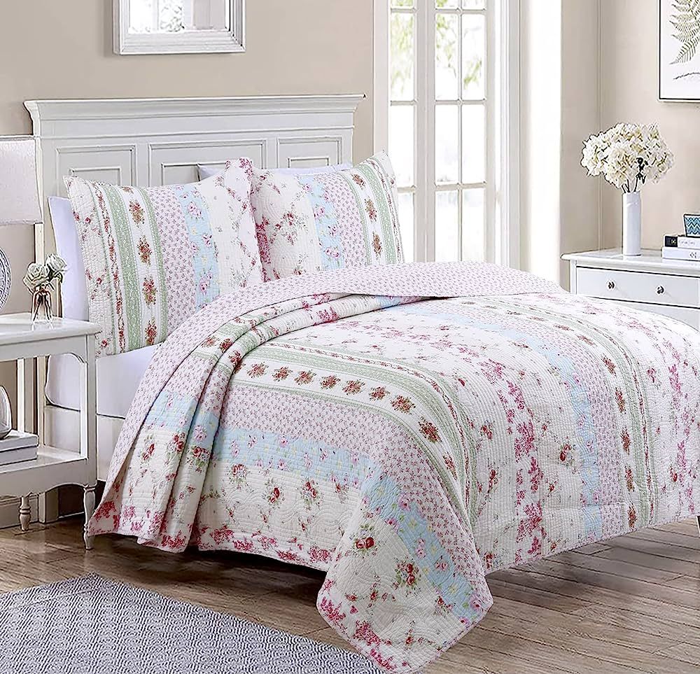 Cozy Line Home Fashions 100% Cotton Real Patchwork Pink Floral Cottage Shabby Chic Reversible Qui... | Amazon (US)