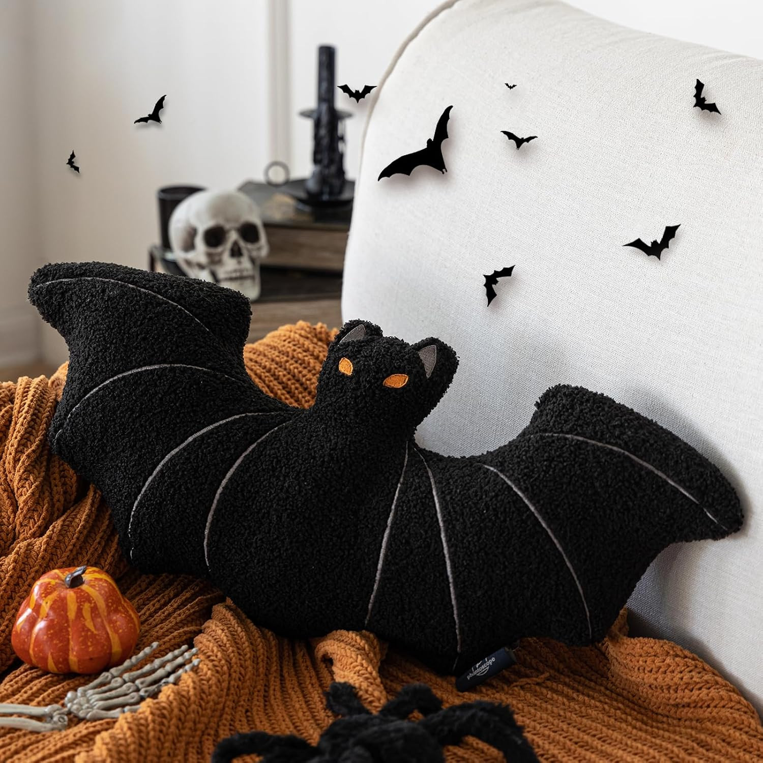 Phantoscope Happy Halloween Bat Shaped Throw Pillow, Teddy Fleece Embroidery Decorative Halloween Pillow for Couch, Sofa, Bed, Black 12 x 25.5 inches | Amazon (US)