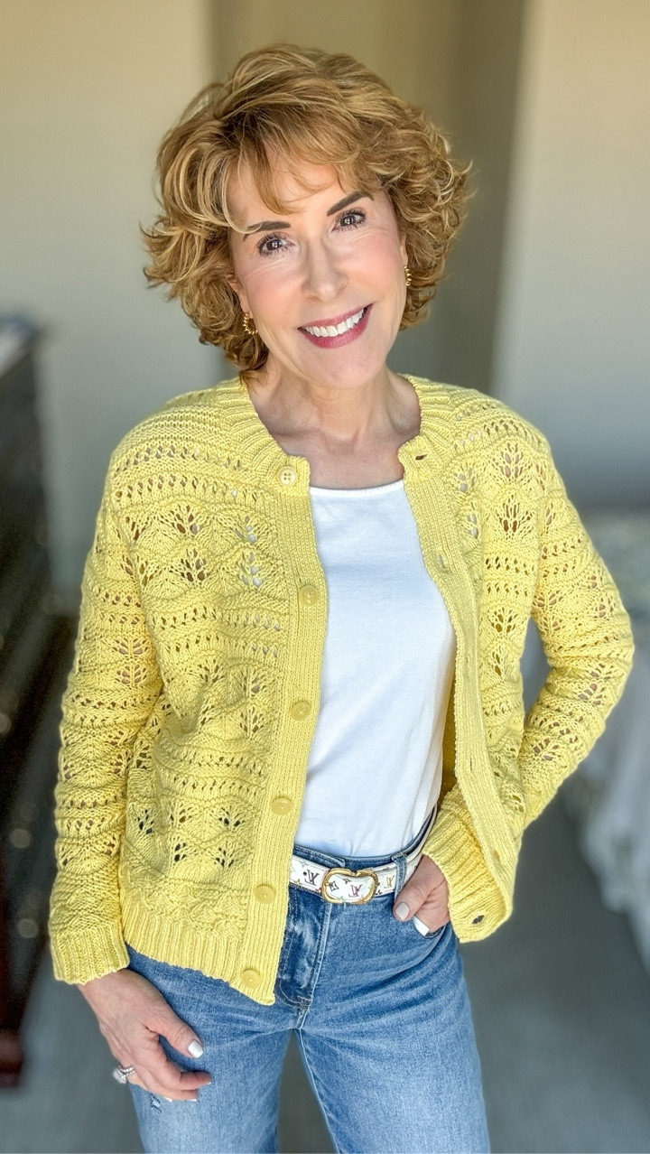 ☀️Sunshine alert! ☀️
One simple piece, big impact!

This on-trend open stitch cardigan (5 color options) is such an easy way to bring a little life back to your basics. The classic crewneck and button front give it just enough structure, while the lightweight knit keeps it feeling easy for this in-between season. And I love where it hits… right above the hip, so it pairs perfectly with these cuffed jeans.

And these @risen_jeans are such a great everyday pair. Comfortable enough to wear all day, but still cute for whatever you have going on. 

#LTKOver40 #LTKootd #LTKSeasonal