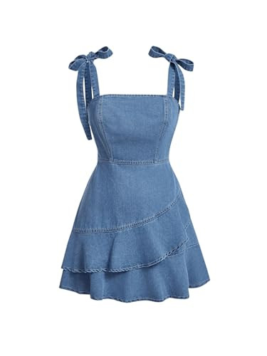 SHENHE Women's Tie Shoulder Sleeveless Denim Mini Dress Layered Ruffle Hem Jean Dress | Amazon (US)