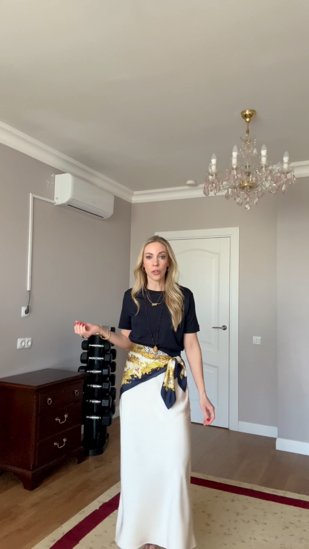 Summer date night or summer workwear idea - pair a tee with a satin skirt and tie a silk scarf at the waist

#LTKWorkwear #LTKOver40 #LTKgrwm