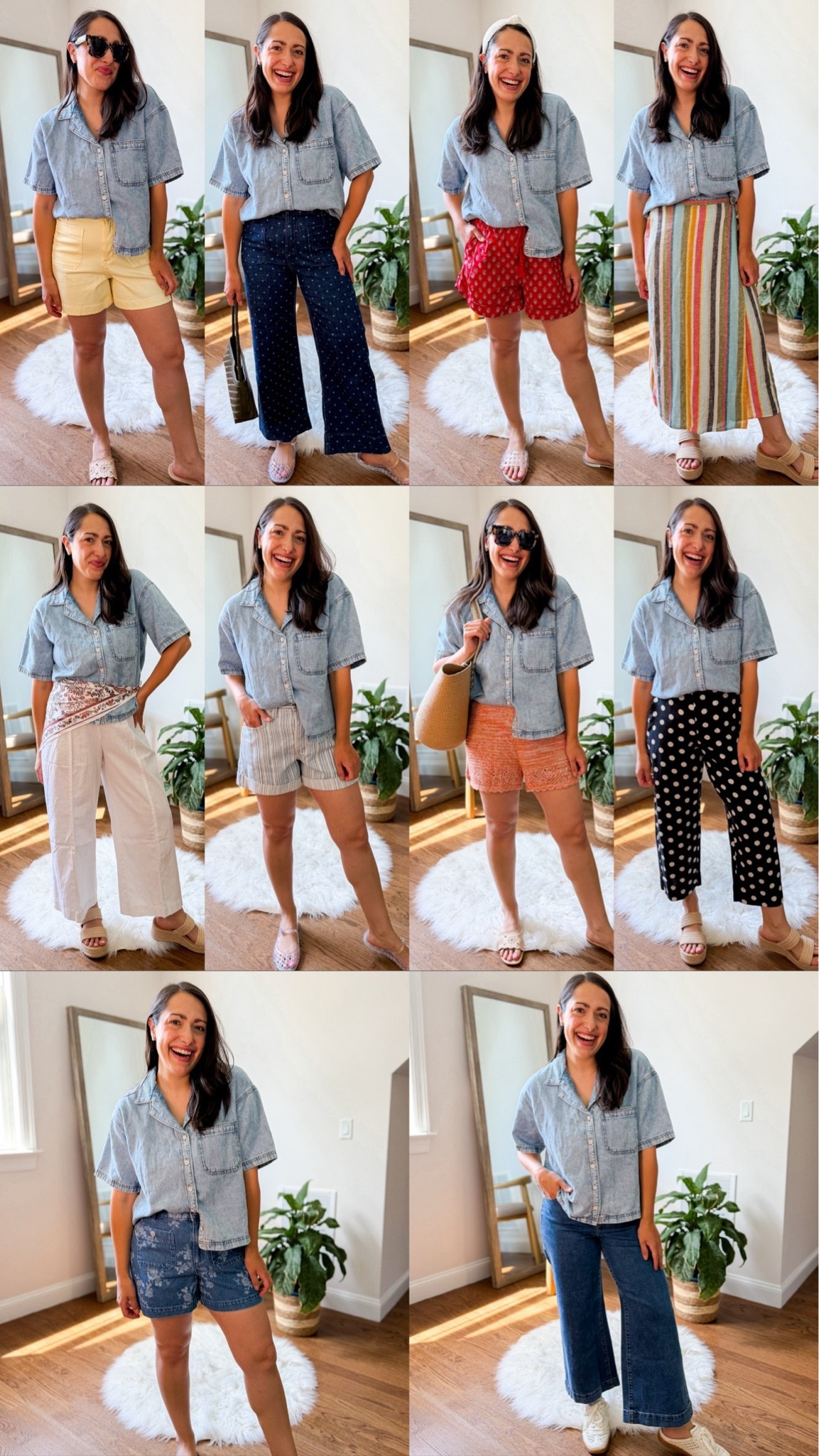 Target denim top styled 10 ways
Size small in the top but it runs big (can size down)
Yellow shorts- size 4
Polka dot jeans: size 6
Red shorts: medium
Striped midi skirt: small
White pants: small petite
Striped denim shorts: size 6
Orange sweater shorts: medium
Polka dot pants: size 6
Floral denim shorts: size 6
Wide leg jeans: size 6 petite

#LTKootd #LTKPetite #LTKWorkwear