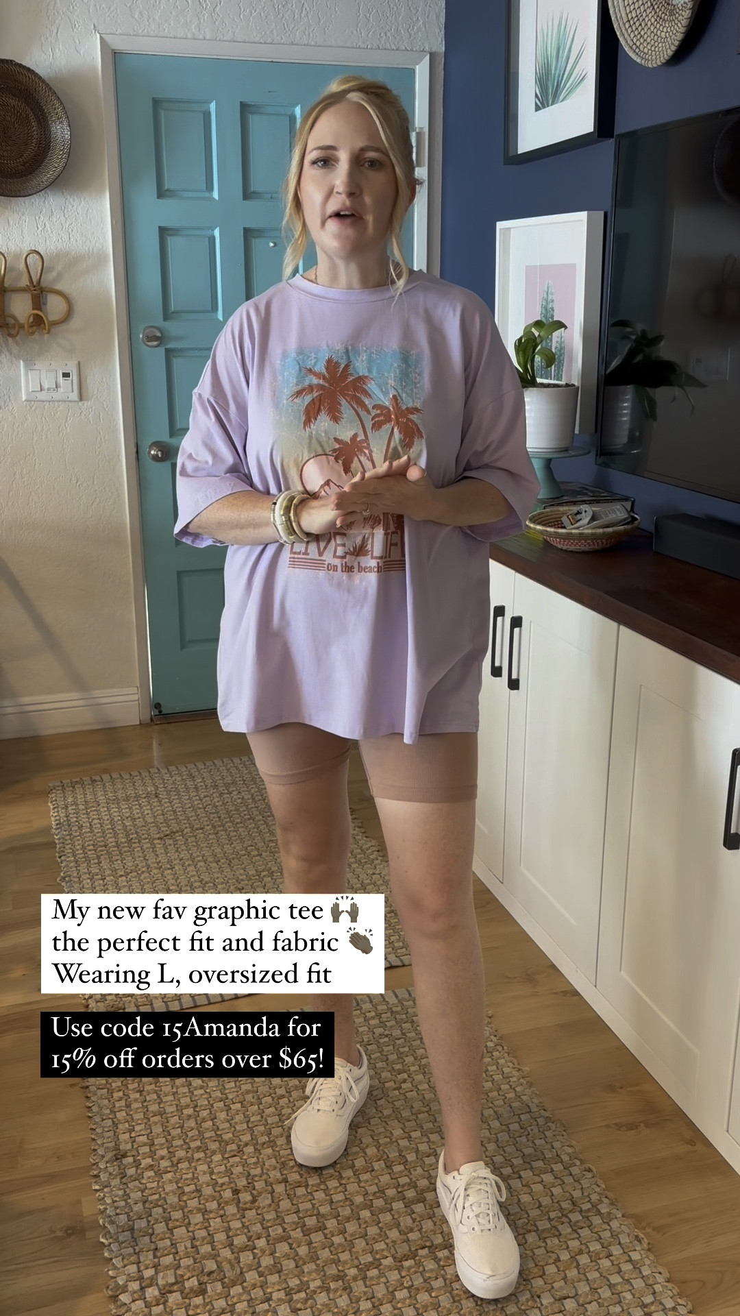 My new fav graphic tee from Cupshe! This is the perfect oversized fit, ideal amount of stretch, super soft, fun graphic, I’m sold! 
Wearing L. Size down for more fitted look as it is oversized 🧡

Cupshe haul, Cupshe fall, graphic tee, easy everyday outfit, mom style, mom outfit, everyday casual, biker shorts outfit, lavender top, fall transition piece, colorful tee

#LTKFindsUnder50 #LTKStyleTip #LTKFindsUnder100