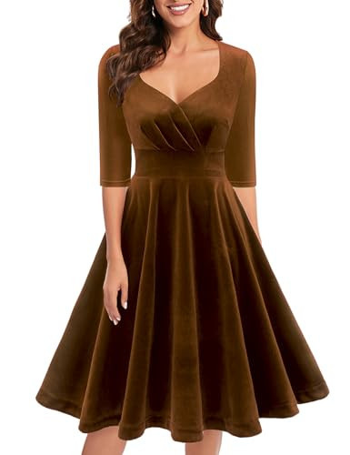 Bbonlinedress Samtkleid Damen elegant Knielang V-Ausschnitt Langarm Winterkleider Festliche Kleider Party Cocktailkleid Weihnachtskleider Brown 2XL | Amazon (DE)